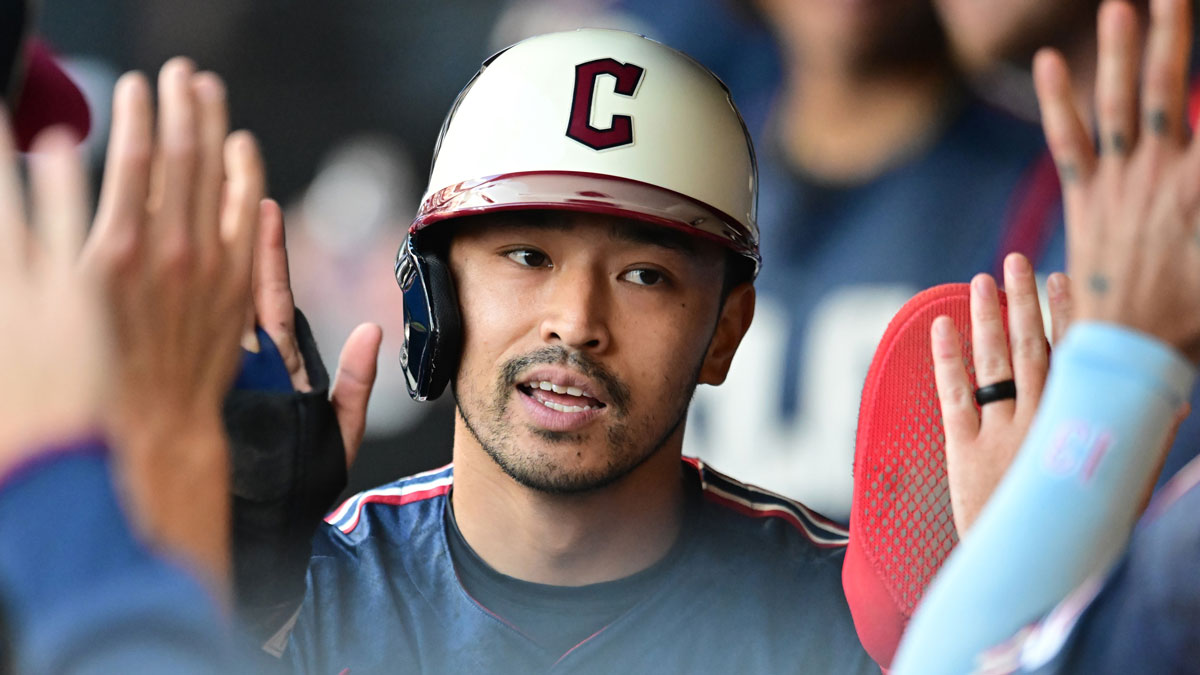 Cleveland Guardians left fielder Steven Kwan (38) celebrates after scoring during the first inning against the Minnesota Twins at Progressive Field.