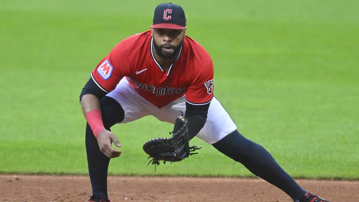 Cleveland Guardians first baseman Carlos Santana (41) fields a ground ball in the third inning against the Tampa Bay Rays at Progressive Field.
