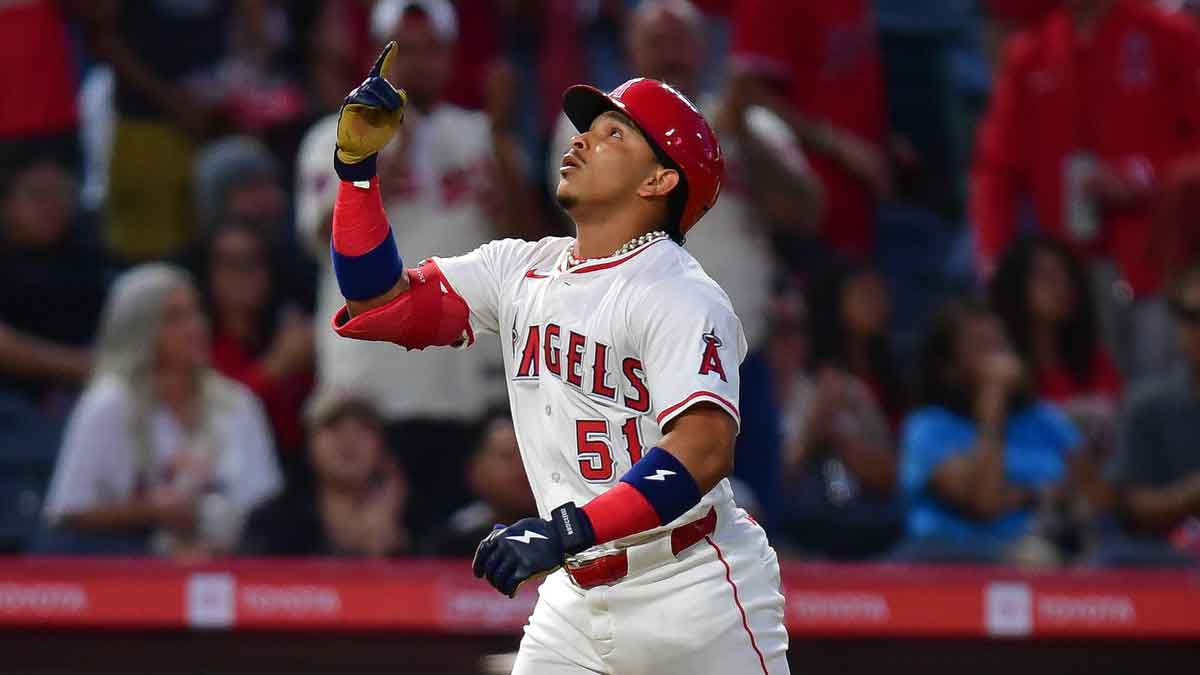 Los Angeles Angels right fielder Gustavo Campero (51) runs the bases after hitting a two run home run against the Chicago White Sox during the fifth inning at Angel Stadium.