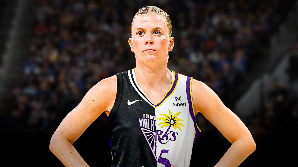 Julie Vanloo, one half of her in a Valkyries jersey, the other in a Sparks jersey
