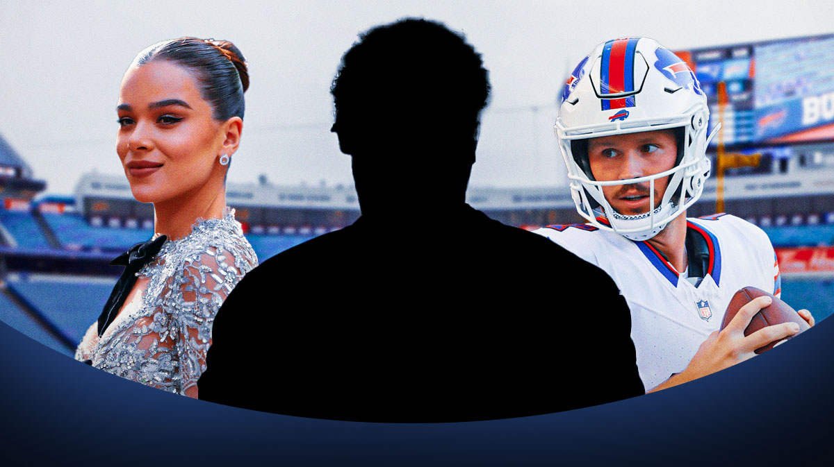 Hailee Steinfeld next to silhouette of DK Metcalf, who she will star in a new XR movie called Asteroid with, next to Josh Allen and Highmark Stadium background.