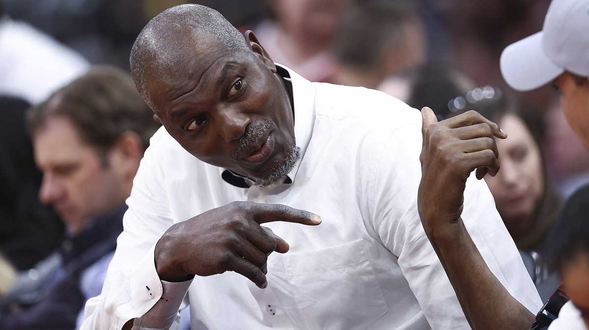 NBA Hall of Fame member Hakeem Olajuwon during the game between the Houston Rockets and the Memphis Grizzlies at Toyota Center.