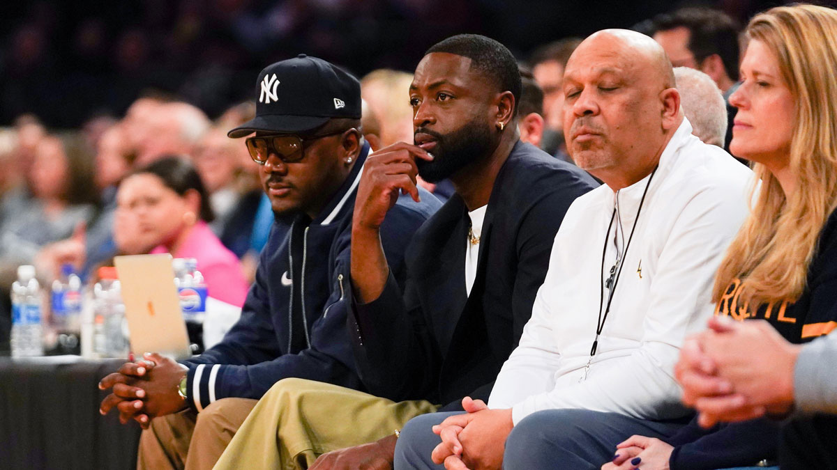 Dwayne Wade watches the NCAA Big East Conference Tournament quarterfinals game between the Xavier Musketeers and Marquette Golden Eagles, Thursday, March 13, 2025, at Madison Square Garden in New York City.