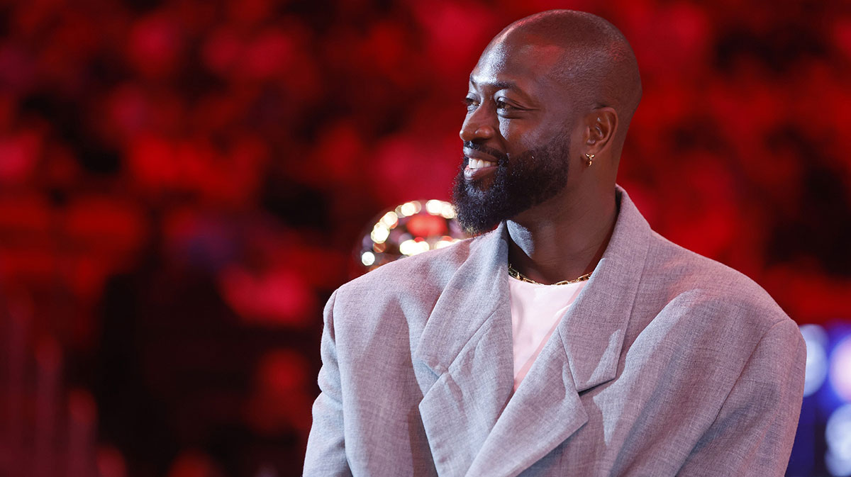 Miami Heat guard Dwyane Wade is honored at halftime during the game against the Detroit Pistons at Kaseya Center