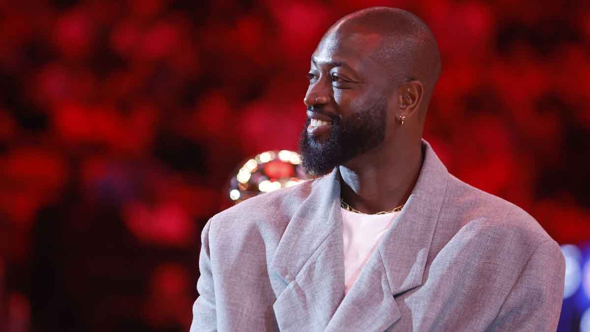 Miami Heat guard Dwyane Wade is honored at halftime during the game against the Detroit Pistons at Kaseya Center