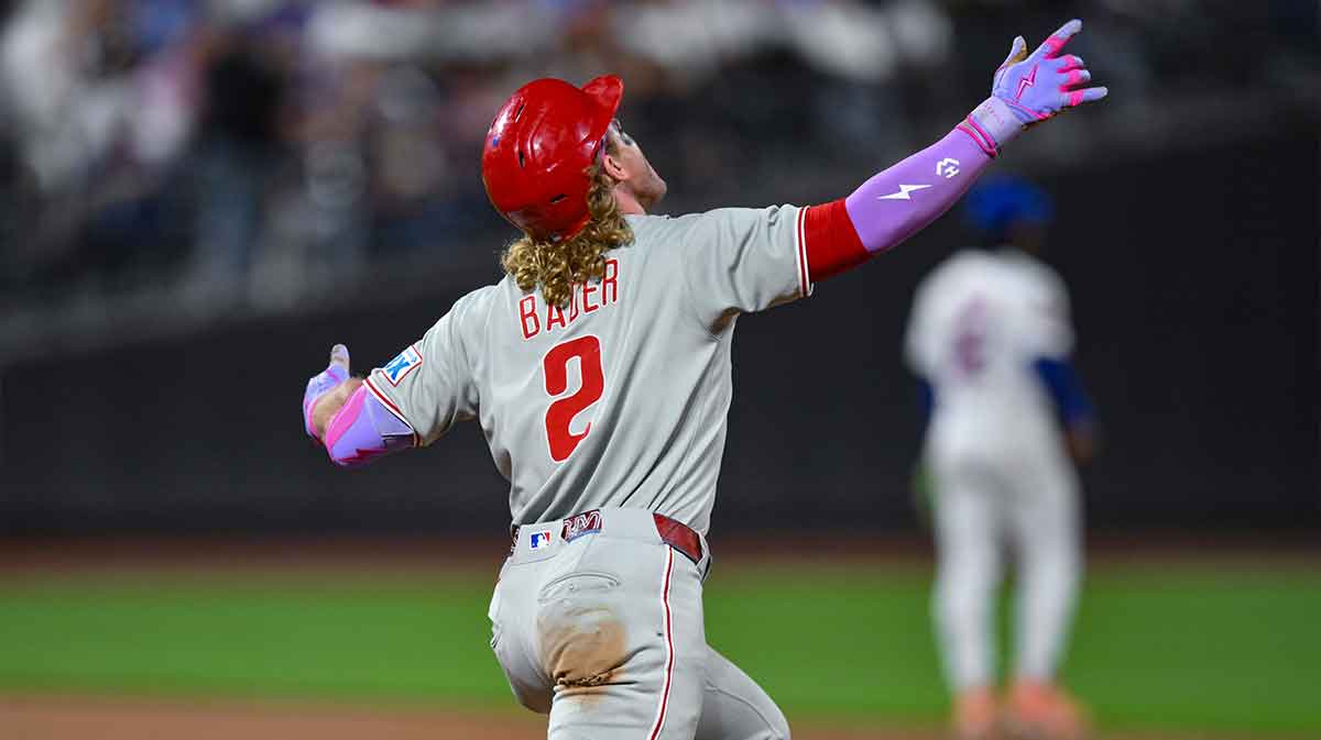 Philadelphia Phillies outfielder Harrison Bader (2) runs the bases after hitting a two run home run against the New York Mets during the eighth inning at Citi Field.