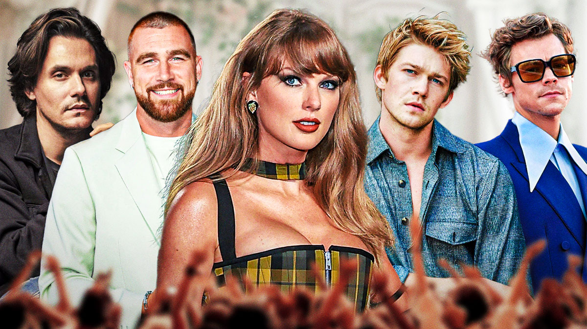Taylor Swift, who is now engaged to Travis Kelce, in between John Mayer, Joe Alwyn, and Harry Styles, some of her exes.