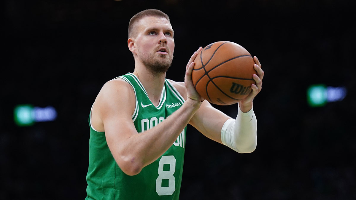 Celtics center Kristaps Porzingis (8) shoots a free throw against the New York Knicks in the second half during game two of the second round for the 2025 NBA Playoffs at TD Garden