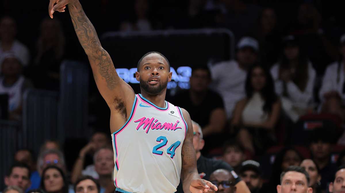 Miami Heat forward Haywood Highsmith (24) watches his shot against the Philadelphia 76ers during the second quarter at Kaseya Center.