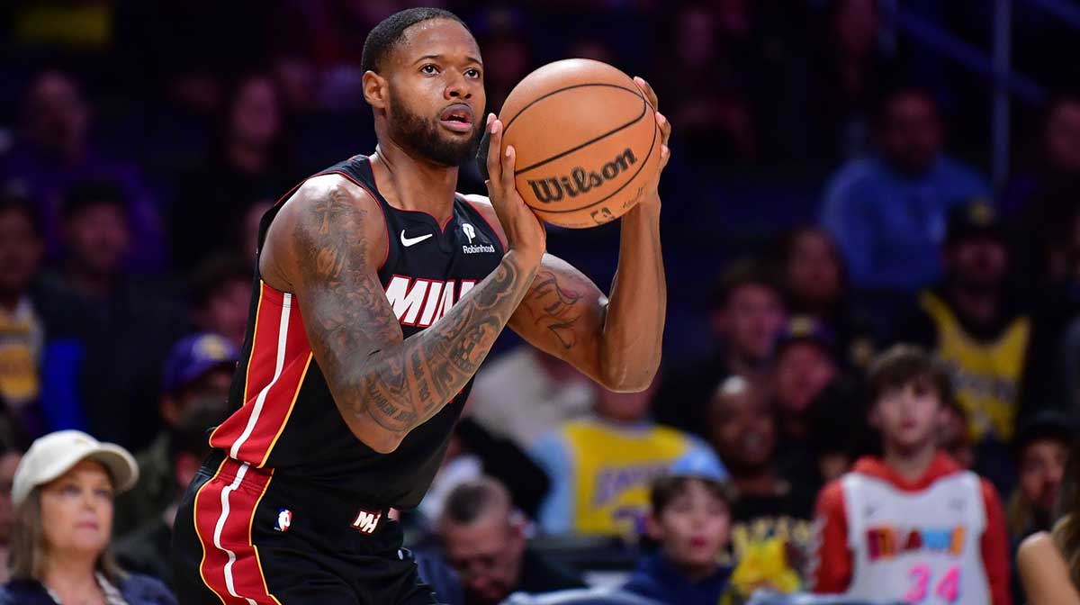 Miami Heat forward Haywood Highsmith (24) shoots against the Los Angeles Lakers during the first half at Crypto.com Arena.