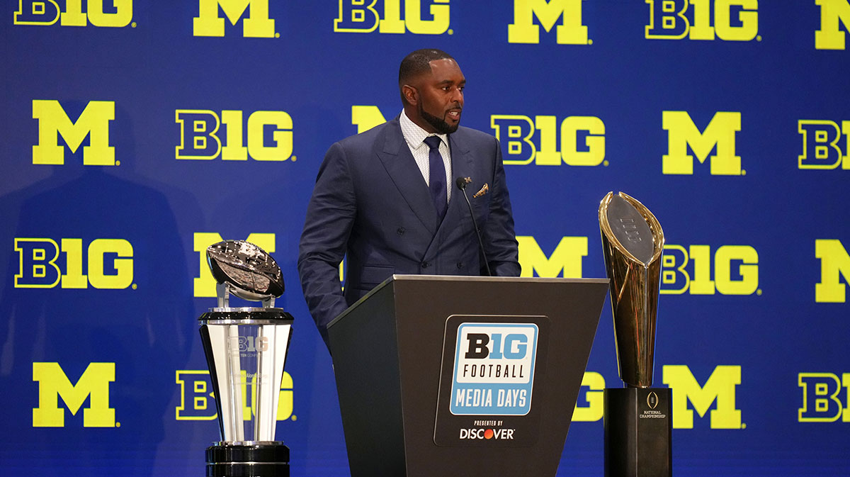 Michigan head coach Sherrone Moore speaks to the media during the Big Ten NCAA college football media days at Mandalay Bay Resort. 
