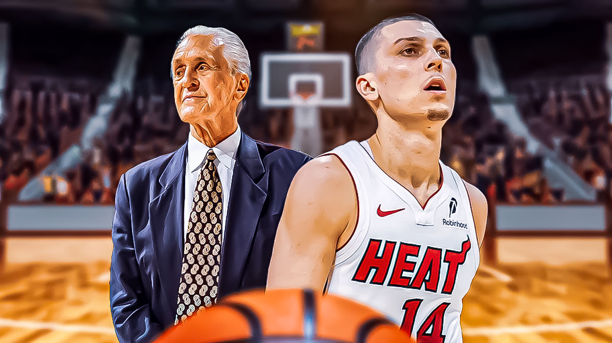 Miami Heat star Tyler Herro and Pat Riley in front of Kaseya Center.