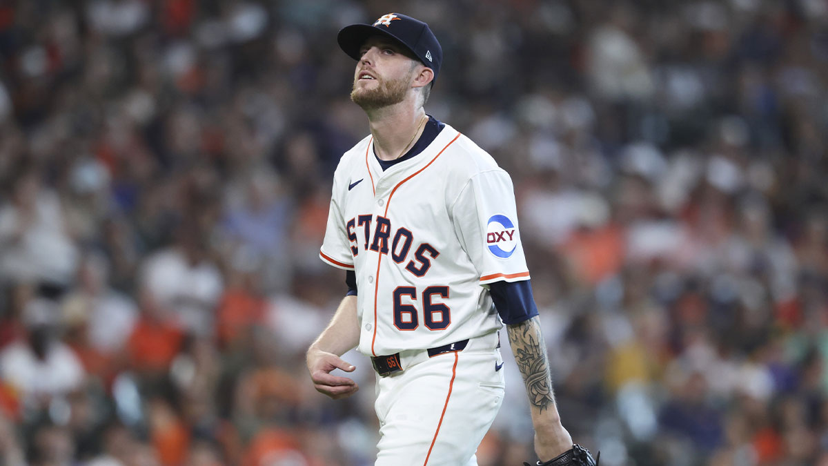 Houston Astros relief pitcher Shawn Dubin (66) walks off the field after pitching during the sixth inning against the Tampa Bay Rays at Daikin Park.