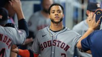 Houston Astros shortstop Jeremy Pena (3) celebrates after scoring against the Miami Marlins during the fourth inning at loanDepot Park.