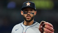 Houston Astros third baseman Carlos Correa (1) looks on against the Miami Marlins during the eighth inning at loanDepot Park.