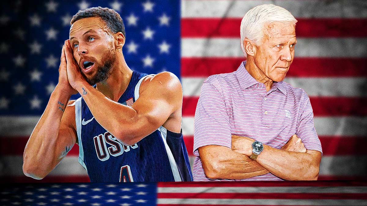 Stephen Curry celebrating in Team USA Olympic jersey, Curry's college coach Bob McKillop