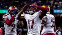 Washington Commanders wide receiver Terry McLaurin (17) reacts to scoring a touchdown against the New Orleans Saints during the first half at Caesars Superdome.