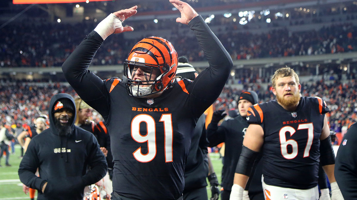Cincinnati Bengals defensive end Trey Hendrickson (91) celebrates after defeating the Baltimore Ravens in a wild card game at Paycor Stadium.