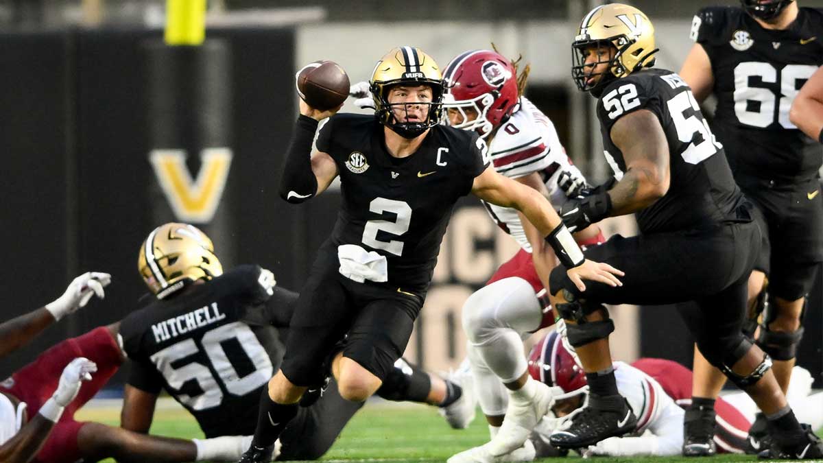 Vanderbilt Commodores quarterback Diego Pavia (2) scrambles against the South Carolina Gamecocks during the first half at FirstBank Stadium.