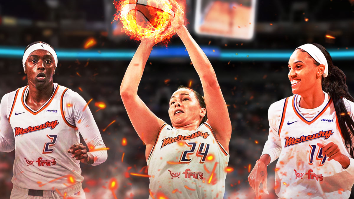 Kathryn Westbeld in a Phoenix Mercury jersey shooting a three-point shot with the ball on fire. Also, DeWanna Bonner and Kahleah Copper are in Mercury jerseys hyping her up.