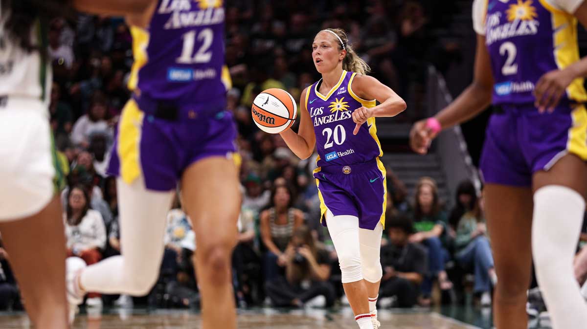 Los Angeles Sparks guard Julie Allemand (20) signals during the second half against Seattle Storm at Climate Pledge Arena.