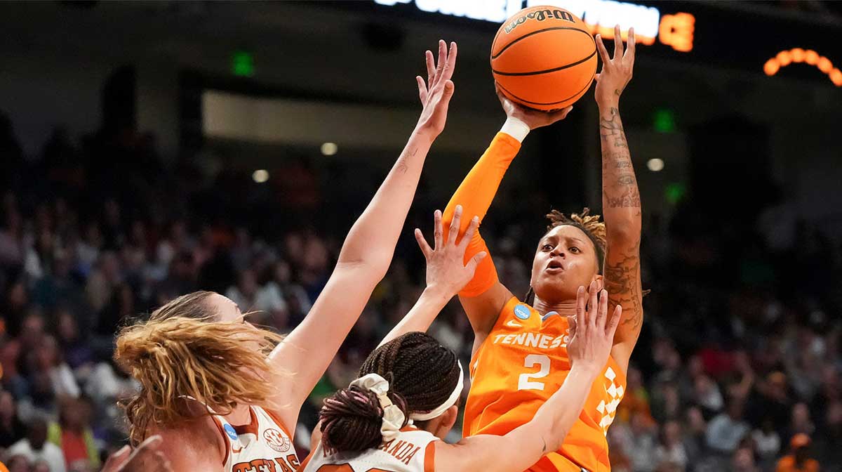 Tennessee guard Ruby Whitehorn (2) attempts a shot over Texas forward Taylor Jones (44) and Texas guard Ndjakalenga Mwenentanda (32) during a NCAA Tournament Sweet 16 game between the Lady Vols and Texas at Legacy Arena in Birmingham, Ala., on Saturday, March 29, 2025.
