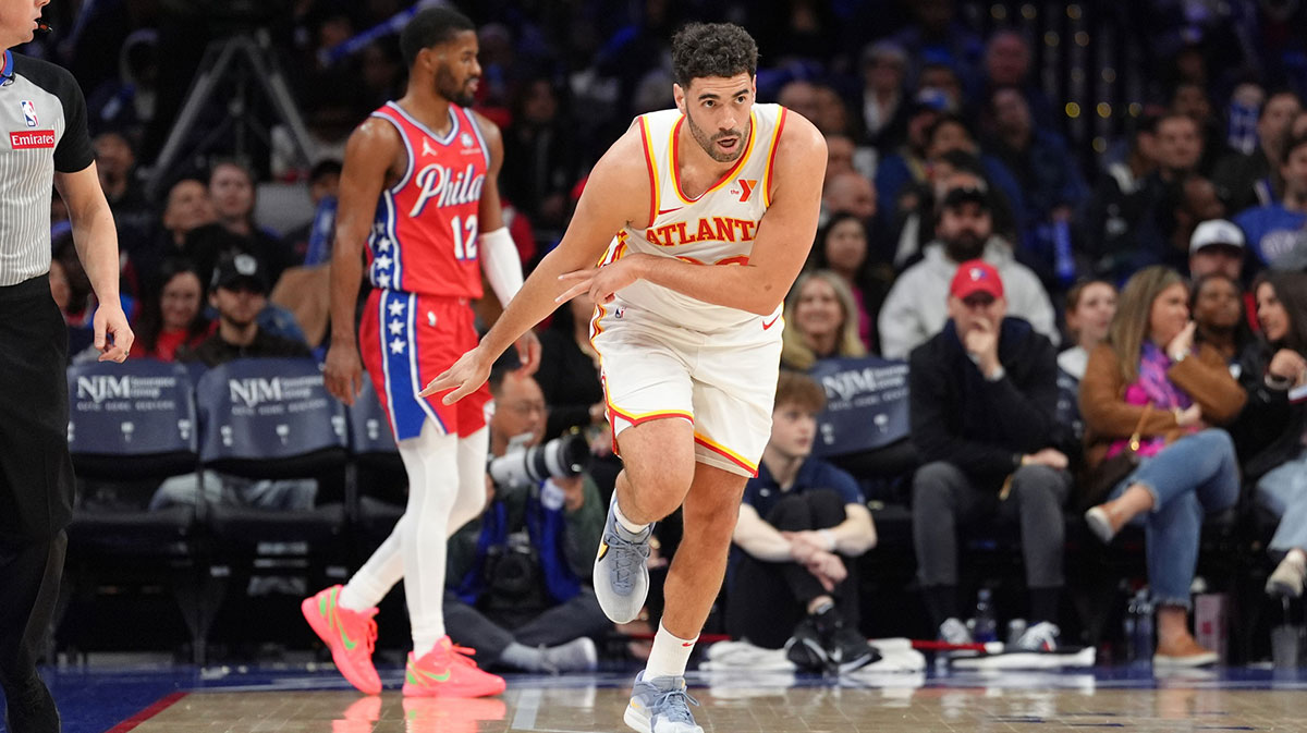 Atlanta Hawks forward Georges Niang (20) reacts after scoring against the Philadelphia 76ers in the third quarter at Wells Fargo Center.