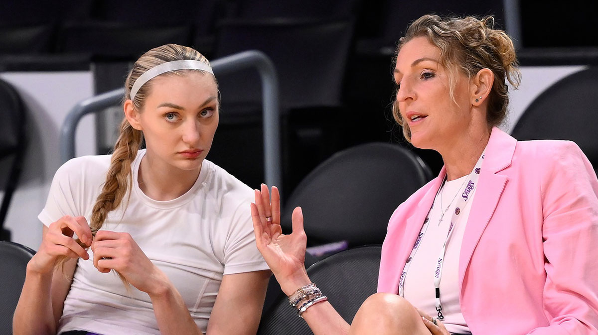Los Angeles Sparks forward Cameron Brink (left) with team general manager Raegan Pebley before a WNBA game against the Seattle Storm at Crypto.com Arena.