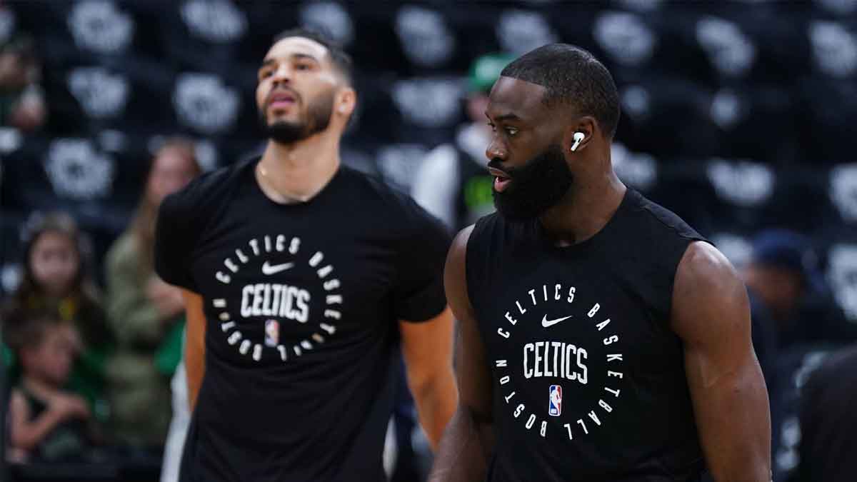 Boston Celtics guard Jaylen Brown (7) and forward Jayson Tatum (0) warm up before the start of game one of the second round for the 2025 NBA Playoffs against the New York Knicks at TD Garden.