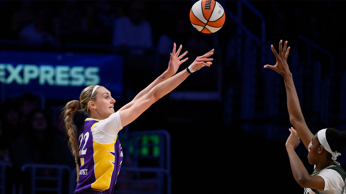 Los Angeles Sparks forward Cameron Brink (22) shoots a three-pointer against Seattle Storm guard Skylar Diggins (4) during the third quarter at Crypto.com Arena.