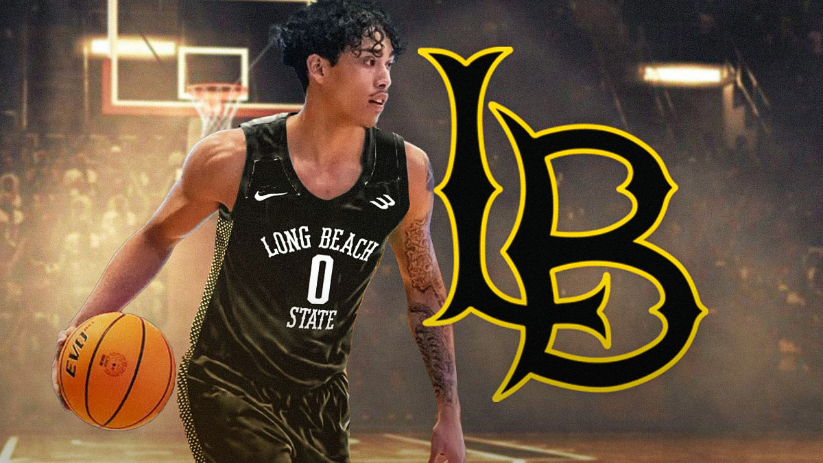 College basketball player Rob Diaz III in a Long Beach State basketball jersey. Have the Long Beach State logo in the background, transfer portal