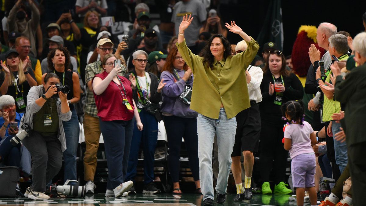 Former Seattle Storm player, Sue Bird, is introduced before the game between the Seattle Storm and the Phoenix Mercury at Climate Pledge Arena.