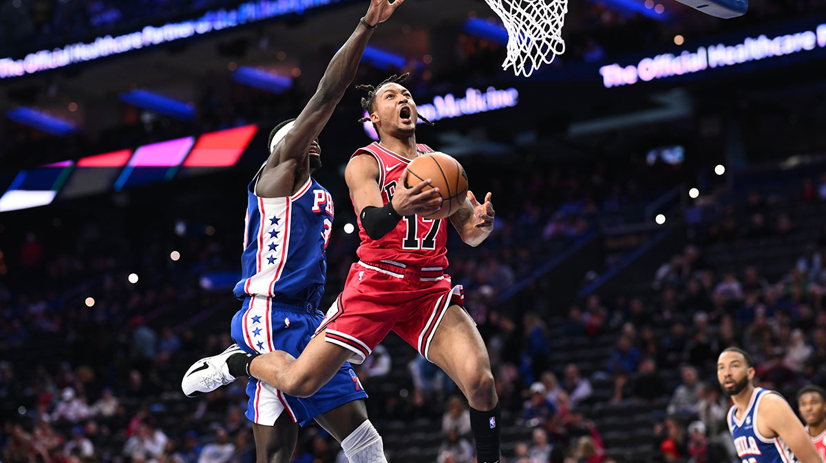 Chicago Bulls guard Jahmir Young (17) drives to shoot against Philadelphia 76ers center Adem Bona (30) in the fourth quarter at Wells Fargo Center.
