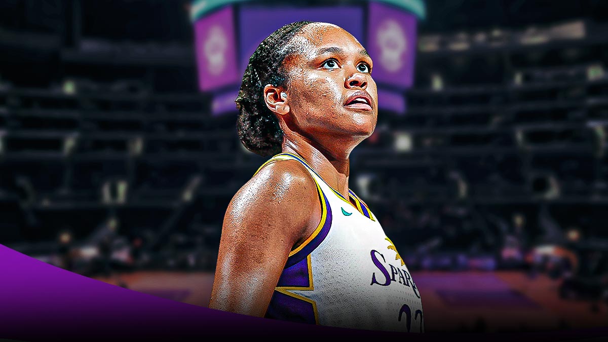 LA Sparks player Azurá Stevens with the LA Sparks arena in the background, season