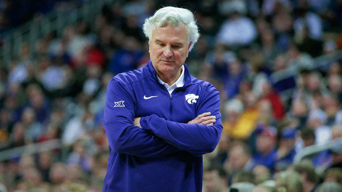 Kansas State Wildcats coach Bruce Weber on the sidelines during the game against the West Virginia Mountaineers at T-Mobile Center.