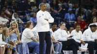 Chicago Sky head coach Tyler Marsh looks on from the sidelines during the first half of a WNBA game against the Connecticut Sun at Wintrust Arena.