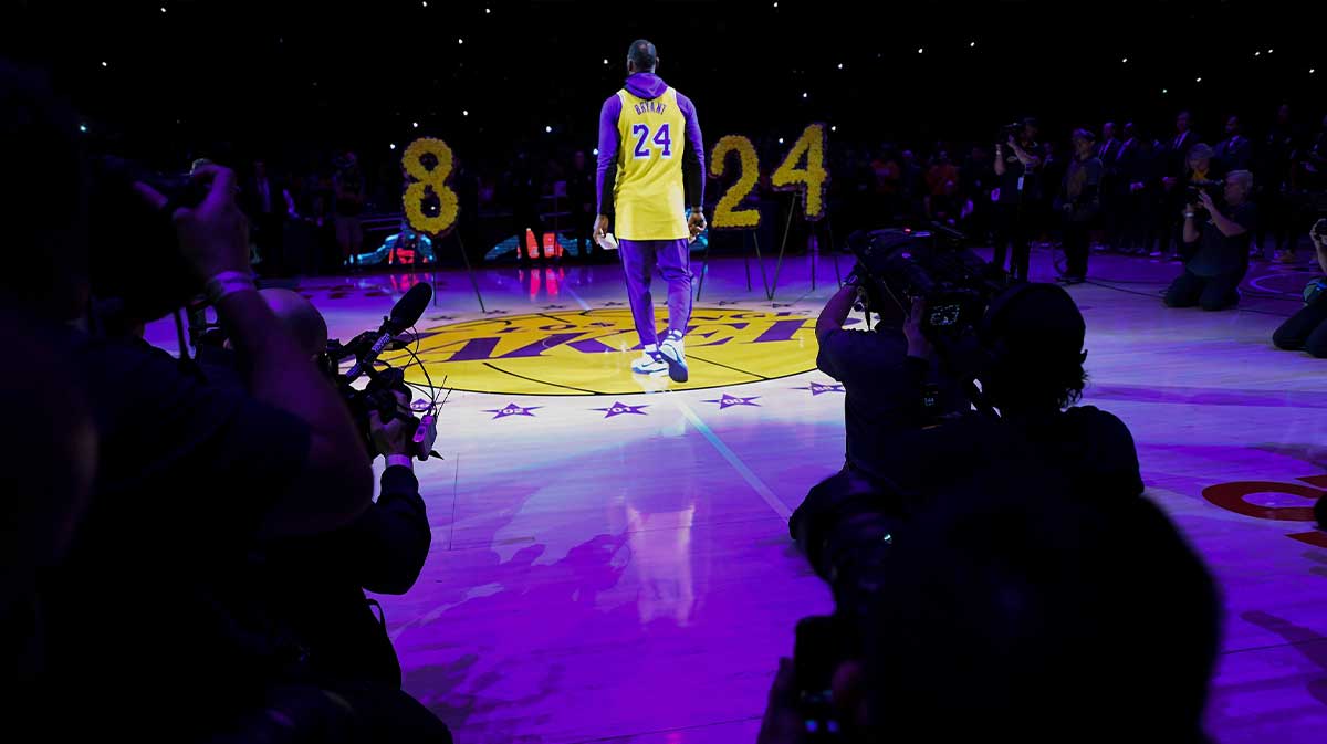 A; Los Angeles Lakers forward LeBron James walks to center court to address the Staples Center crowd during a memorial tribute to longtime Laker guard Kobe Bryant. Bryant died in a helicopter crash January 26, 2020.