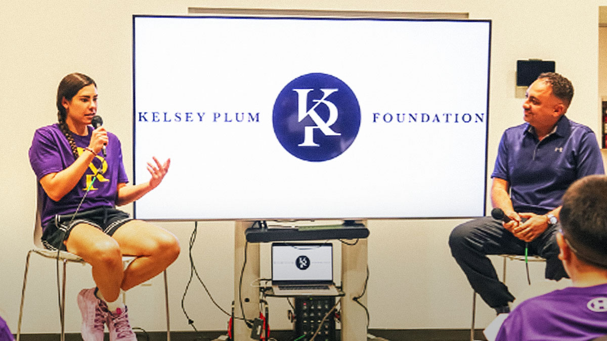 Sparks guard Kelsey Plum speaks at the launch of her new foundation, the Kelsey Plum Foundation at the Heart of Los Angeles Parks and Recreation Center