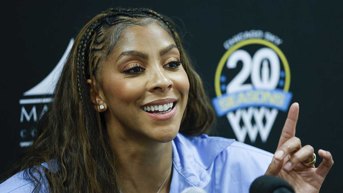 Chicago Sky franchise legend and WNBA Champion Candace Parker speaks during a press conference before a WNBA game between the Chicago Sky and Las Vegas Aces at Wintrust Arena.