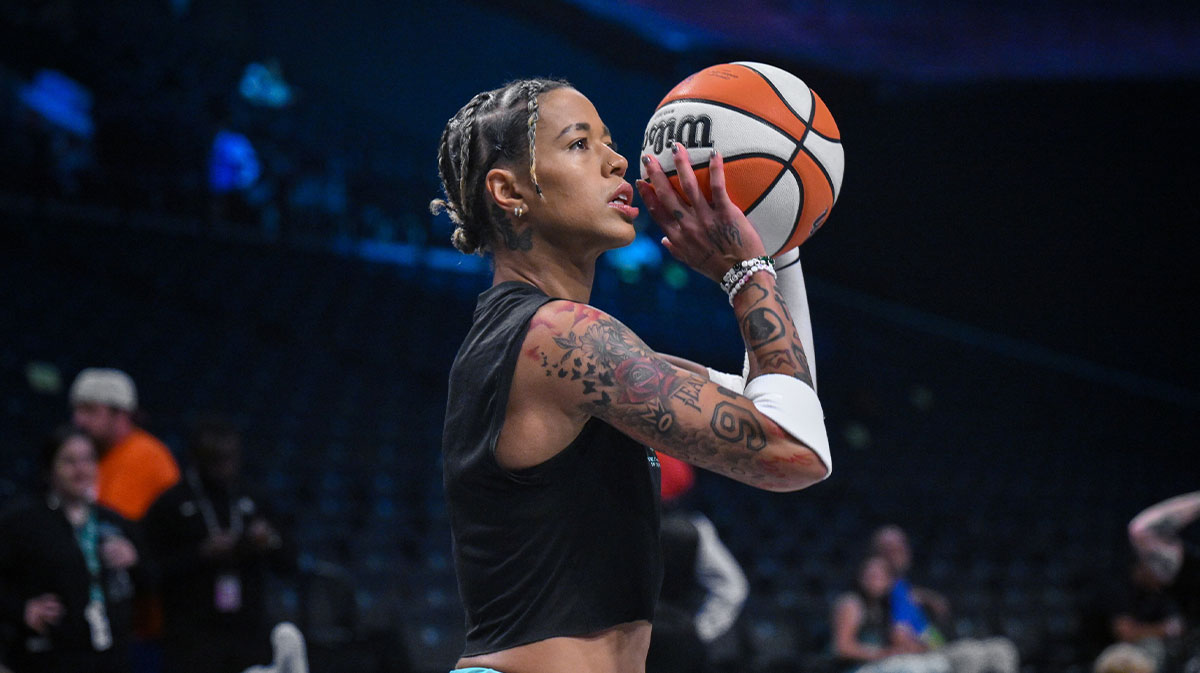 ; New York Liberty guard Natasha Cloud (9) warms up before a game against the Chicago Sky at Barclays Center.