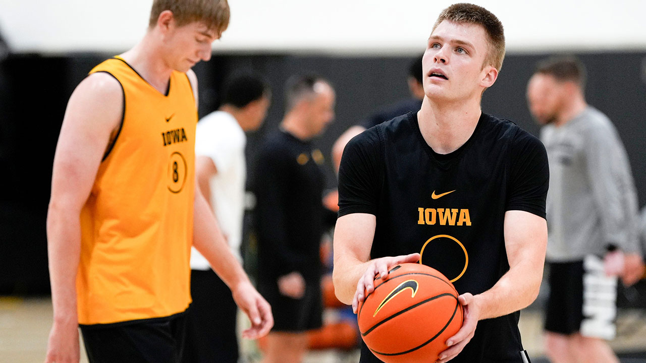 Iowa’s Bennett Stirtz (14) looks to shoot a free throw during practice June 19, 2025 at Carver-Hawkeye Arena in Iowa City, Iowa.