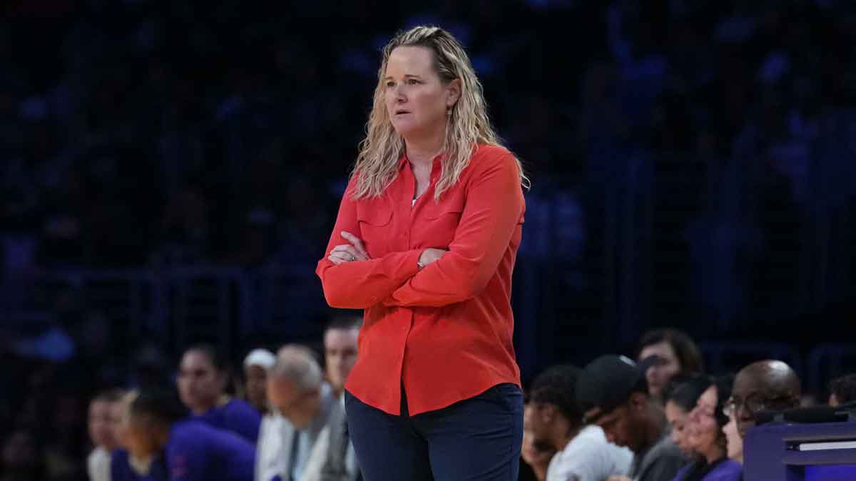 A; LA Sparks coach Lynne Roberts watches in the second half against the Dallas Wings at the Crypto.com Arena.