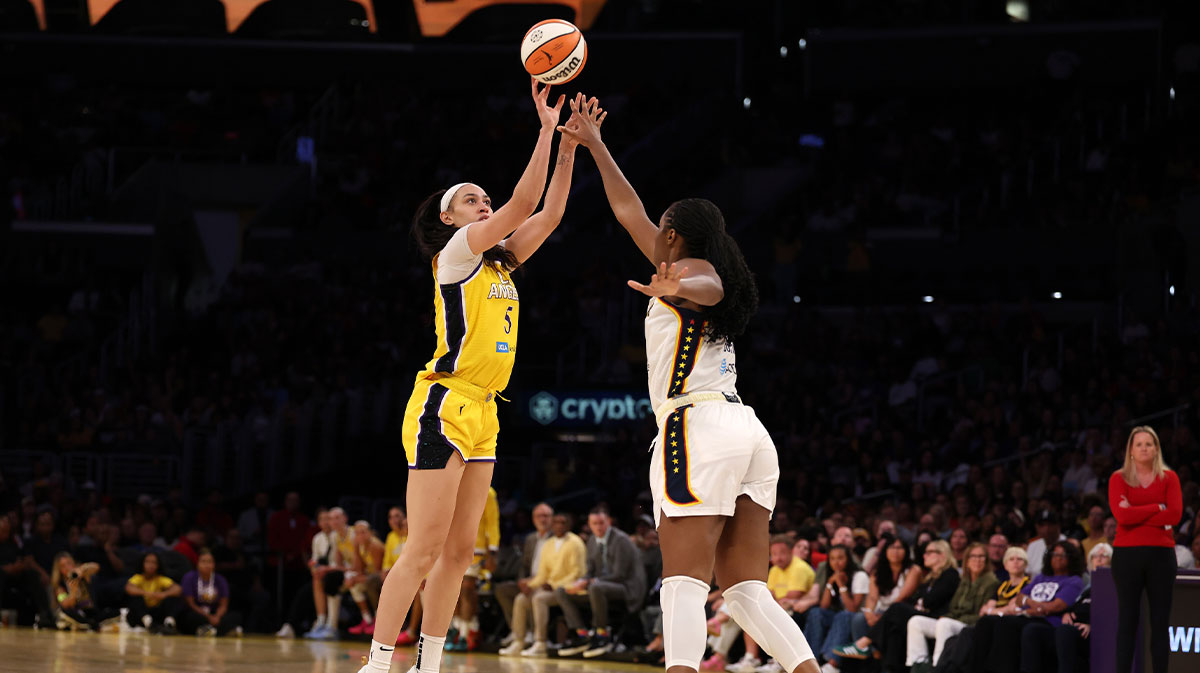 Los Angeles Sparks forward Dearica Hamby (5) shoots the ball during the second half against the Indiana Fever at Crypto.com Arena.
