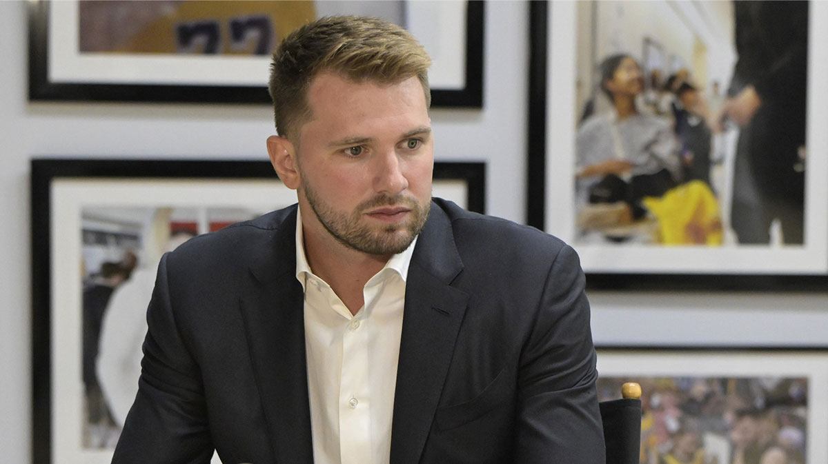 ; Los Angeles Lakers Luka Doncic (77) is interviewed Spectrum SportsNet following a press conference announcing the signing of his contract extension at UCLA Health Training Center.