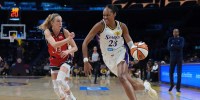 LA Sparks forward Azura Stevens (23) dribbles the ball against Washington Mystics guard Lucy Olsen (33) in the first half at Crypto.com Arena.