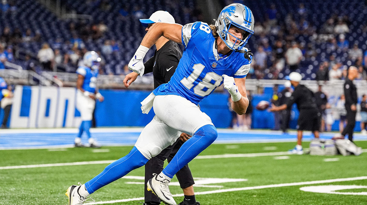 Detroit Lions wide receiver Isaac TeSlaa (18) practices ahead of the Houston Texans game at Ford Field.
