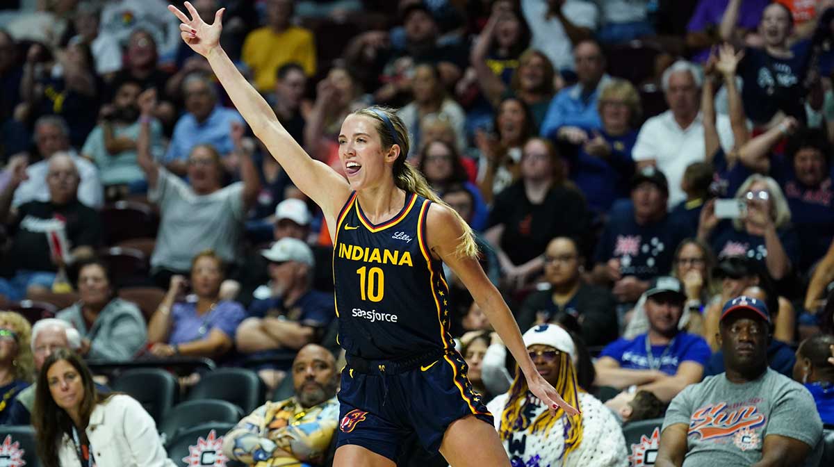 Indiana Fever guard Lexie Hull (10) reacts after her three point basket against the Connecticut Sun in overtime at Mohegan Sun Arena.