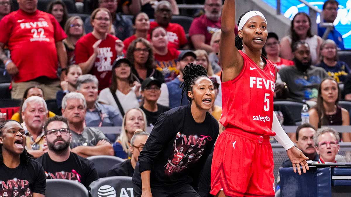 Indiana Fever guard Shey Peddy (5) attempts a 3-pointer during a game against the Minnesota Lynx at Gainbridge Fieldhouse.