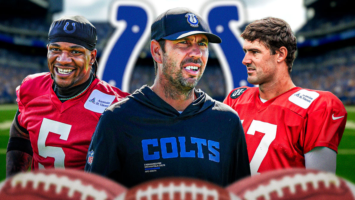 Colts logo and head coach Shane Steichen in the middle with Anthony Richardson on one side and Daniel Jones on the other