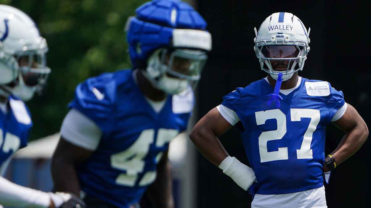 Indianapolis Colts cornerback Justin Walley (27) stands on the field Tuesday, June 10, 2025, during NFL Colts mandatory mini camp at the Indiana Farm Bureau Football Center in Indianapolis.